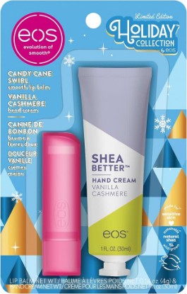 Picture of eos Holiday Skin Care Set- Vanilla Cashmere Travel Hand Cream & Candy Cane Swirl Lip Balm, Stocking Stuffers, 1 fl oz Hand Cream + 0.14 oz Lip Balm, 2-Pack