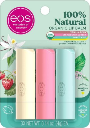 Picture of eos 100% Natural & Organic Lip Balm Trio- Vanilla Bean, Sweet Mint, & Strawberry Sorbet, Made for Sensitive Skin, Lip Care Products, 0.14 oz, 3-Pack USDA Organic
