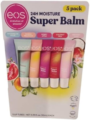 Picture of eos Organic 24H Moisture Super Balm, 5 Pack, Watermelon Frose, Mango Melonade, Honey Apple, Coconut Milk, Birthday Cake Flavors