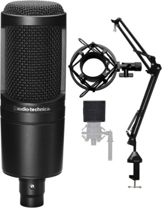 Picture of Audio-Technica AT2020 Cardioid Condenser Microphone Bundle with Desktop Boom Scissor Arm Mic Stand, Pop Filter for Medium-Sized Microphones, and Shock Mount (4 Items) | Includes Desktop Boom Scissor Arm Mic Stand, Pop Filter for Medium-Sized Microphones, and Shock Mount