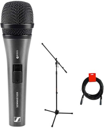 Picture of Sennheiser E835-S Dynamic Cardioid Vocal Microphone (on/off switch) with Tripod Mic Stand & XLR-XLR Cable Bundle