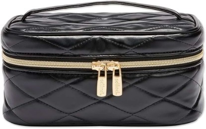 Picture of Conair Travel Makeup Bag, Large Toiletry and Cosmetic Bag, Perfect Size for Use At Home or Travel, Train Case Shape in Solid Black with Diamond-Quilt Pattern
