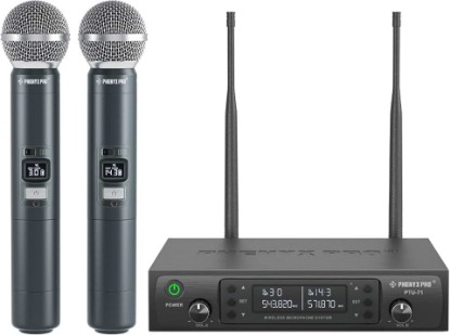 Picture of Phenyx Pro Dual UHF Auto Scan Handheld Wireless Microphone System PTU-71-2H | 2 Dynamic Mics, 2 x 100 Frequencies, 328 ft Range, Live Vocals, Karaoke Events, Worship Services Global Recycled Standard