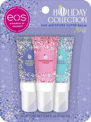 Picture of eos Holiday 24H Moisture Mini Super Balm Set, Peppermint Twist, Milk & Cookies, Marshmallow Fluff, Limited Edition Lip Care, Stocking Stuffers, 0.24 fl oz, 3-pack