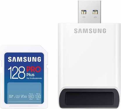 Picture of Samsung PRO Plus Full Size 128GB SDXC Memory Card + Reader, Up to 180 MB/s | Full HD & 4K UHD, UHS-I, C10, U3, V30 for DSLR, Mirrorless Cameras, PCs (MB-SD128SB/AM)