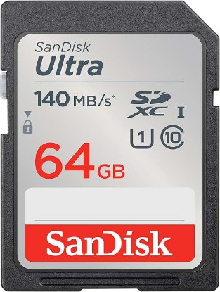 Picture of Sandisk 64GB Ultra SDXC UHS-I Memory Card - Up to 140MB/s, C10, U1, Full HD, SD Card - SDSDUNB-064G-GN6IN | Up to 140MB/s, UHS-I, U1, Class 10, Full HD video