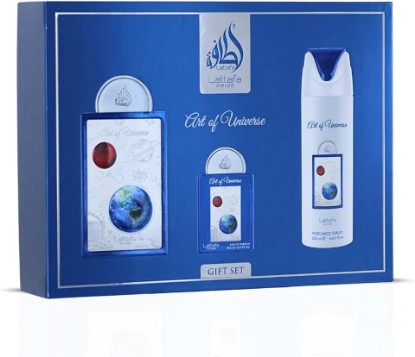 Picture of Lattafa Pride Art of Universe – Citrus, Fruity, Sweet, Amber – 3-Piece Gift Set for Unisex (3.4 oz Eau de Parfum Spray + 0.65 oz Eau de Parfum Spray + 6.67 oz Deodorant Spray)
