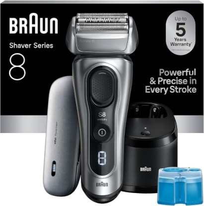 Picture of Braun Series 8 Electric Shaver for Men, Wet & Dry Foil Razor, 5-in-1 SmartCare Clean & Charge Center, Built-in Precision ProTrimmer, PowerCase, Silver 8577CC GreenCircle Certified: Certified Energy Savings