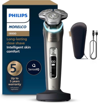 Picture of Philips Norelco i9000 Prestige Electric Shaver, Gold Oyster | 360° Rotating NanoTech DualPrecision Blades, SenseIQ Technology, Pressure Light Sensor, Includes Charging Stand, XP9203/81 GreenCircle Certified: Certified Environmental Facts Label