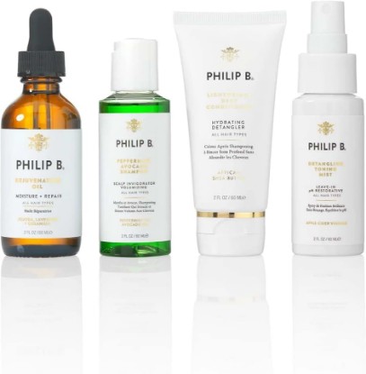 Picture of PHILIP B 4 Step Discovery Kit - 2 fl oz each | Includes Peppermint Avocado Shampoo, Rejuvenating Oil, Detangling Toning Mist & Lightweight Deep Conditioner