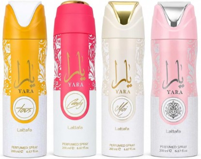 Picture of Lattafa Yara Perfumed Body Spray Collection – Yara Original, Yara Moi, Yara Candy & Yara Tous – 4 x 200ml Unisex Body Spray Set – Fruity, Floral, Vanilla & Gourmand Fragrance Bundle