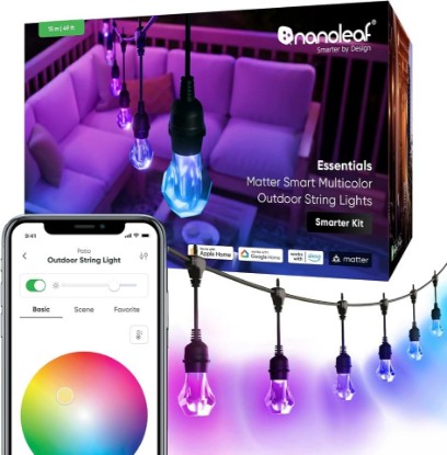 Picture of Nanoleaf Essentials Matter Smart Multicolor Outdoor String Lights, 20 Bulbs | IP65 Patio Lights with Addressable RGBICW LED Bulbs for Backyard, Garden, Compatible with Alexa, 49ft, Smarter Kit