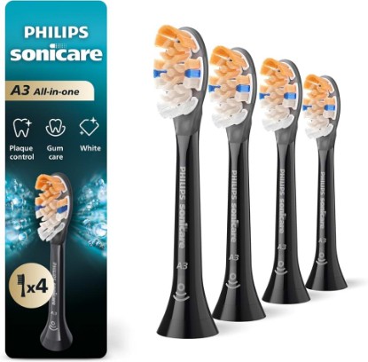 Picture of Philips Sonicare A3 All-in-One Brush Heads, 4-Pack, 1 Year Supply, Black | 2000% More Plaque Removal¹, 100% Whiter Teeth², BrushSync Reminder, Up To 62,000 Bristle Movements Per Min, HX9094/95