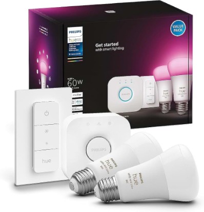 Picture of Philips Hue Smart Light Starter Kit - Includes (1) Bridge, (1) Dimmer Switch and (2) A19 LED Bulbs - White and Color Ambiance Color-Changing Light - 800LM - E26 - Control with App or Voice Assistant
