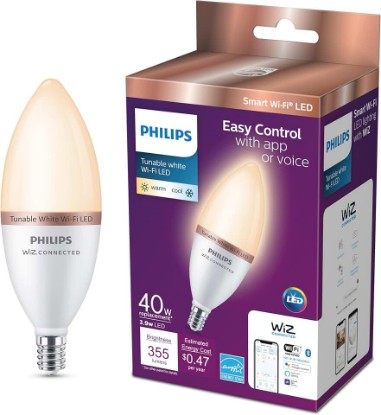 Picture of PHILIPS Smart 40-Watt Equivalent B12 LED Smart Wi-Fi Tuneable White Light Bulb Powered by WiZ with Bluetooth (1-Pack)