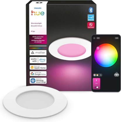 Picture of Philips Hue Slim Downlight, Recessed LED Ceiling Light, 1-Pack, White | 4-Inch, Canless Design, Full-Spectrum Daylight 1000K-20000K, 800 Lumens, Ultra-Low Dimming, Precise Color, Smart Lighting
