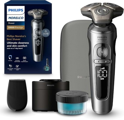 Picture of Philips Norelco S9000 Prestige Rechargeable Wet & Dry Electric Rotary Shaver with Precision Trimmer, Premium Case & Cleaning System, SP9841/84 GreenCircle Certified: Certified Environmental Facts Label