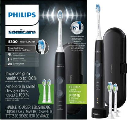 Picture of Philips Sonicare 5300 Rechargeable Electric Toothbrush, 3 Brush Head, Black | 700% More Plaque Removal¹, Visual Pressure Sensor, 3 Brush Settings, 14-Day Battery, Travel Case, HX6423/34 GreenCircle Certified: Certified Environmental Facts Label