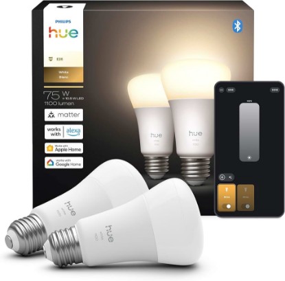 Picture of Philips Hue Smart LED A19 Bulb 2-Pack, Warm White Light 2700K, E26 Base, 10.5W, 1100 Lumens, Dimmable LED Bulbs, Works with Alexa, Google Assistant, and Apple Home
