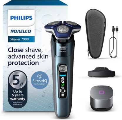 Picture of Philips Norelco 7900 Electric Shaver, Black | 45 SteelPrecision Blades, SenseIQ Technology, Nano SkinGlide coating, 360° Flexible Heads, UV Sanitizing Cube, S7889/91 GreenCircle Certified: Certified Environmental Facts Label