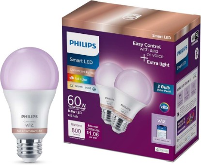 Picture of PHILIPS Smart Lighting Connected Light Bulbs, 2-Pack, Color A19 60W 800LM E26 Indoor LED Lights, Smart Bulbs with Motion Detection, Control with Voice or App
