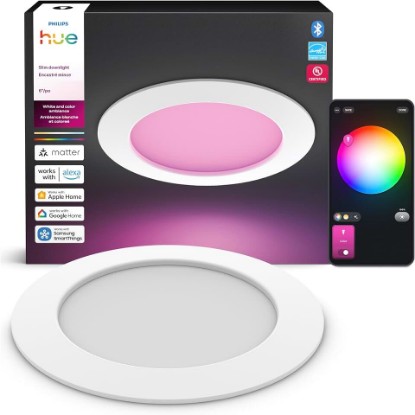 Picture of Philips Hue Slim Downlight, Recessed LED Ceiling Light, 1-Pack, White | 6-Inch, Canless Design, Full-Spectrum Daylight 1000K-20000K, 1200 Lumens, Ultra-Low Dimming, Precise Color, Smart Lighting