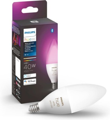 Picture of Philips Hue Smart 40W B39 Candle-Shaped LED Bulb - White and Color Ambiance Color-Changing Light - 1 Pack - 450LM - E12 - Control with Hue App - Works with Alexa, Google Assistant and Apple Homekit