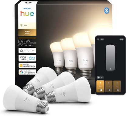 Picture of Philips Hue Smart LED A19 Bulb 4-Pack, Warm White Light 2700K, E26 Base, 9W, 810 Lumens, Dimmable LED Bulbs, Works with Alexa, Google Assistant, and Apple Home