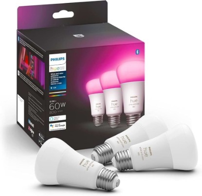Picture of Philips Hue A19 LED Smart Light Bulb 3-Pack - White and Color Ambiance - 60W Indoor Light Bulb - Control with Hue App - Works with Alexa, Google Assistant and Apple Homekit