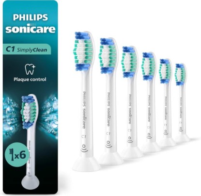 Picture of Philips Sonicare C1 SimplyClean Brush Heads, 6-Pack, 18 Month Supply, White | 200% More Plaque Removal¹, BrushSync Reminder, Up To 62,000 Bristle Movements Per Min, HX6016/77