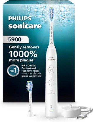 Picture of Philips Sonicare 5900 Rechargeable Electric Toothbrush, 2 Brush Head, White | 1000% More Plaque Removal¹, Pressure Sensor, 6 Brush Settings, 21-Day Battery, 2-Minute Guided Timer, HX7130/02