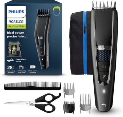 Picture of Norelco Philips Hair Clipper 7000, 28 Length Settings, Black | PowerAdapt Sensor, Trim-and-Flow Technology, DualCut Blades, 90-Min Runtime, Includes Storage Bag, HC7650/40 GreenCircle Certified: Certified Environmental Facts Label