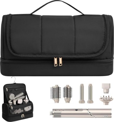 Picture of Hair Tool Organizer for Dyson Airwrap and Shark, Black | Water-resistant hanging travel case with removable divider for multi-stylers, barrels, brushes, cords, and attachments