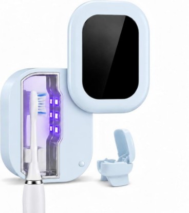 Picture of UV-C Toothbrush Sanitizer with Travel Brush Cover - Twist-Lock Lid, Dual UV-C Lights, Detachable Wall Mount (No Drilling), Fits Electric & Manual Toothbrushes, USB-C Rechargeable (Blue) | 3-minute auto cycle Auto shut-off safety sensor 253.7nm dual light chamber Up to 30-day battery life