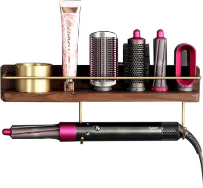 Picture of Affogato Wall Mounted Holder for Dyson Airwrap Styler Hair Curling Wand Brush Barrel Bathroom Shelf Tray Wood Stand Home Bedroom Hair Salon Storage Organizer with Hook for Comb Cream Facial Cleanser | Wood, with Hook, Bathroom Shelf Tray for Cream Facial Cleanser, Home Bedroom Hair Salon Storage Organizer