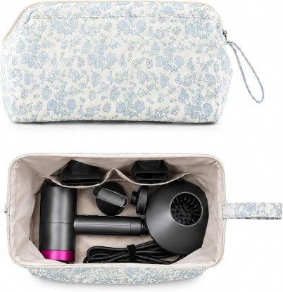 Picture of Large Hair Tools Travel Bag Compatible with Dyson Airwrap, Curling Irons and Hair Dryers, Floral Portable Styling Tool Organizer with Carry Handle, Blue, 14.2 x 7.5 x 5.9 in