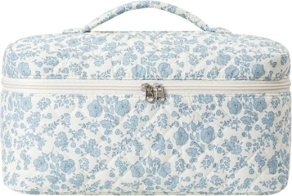 Picture of Quilted Cotton Hair Tools Travel Bag Compatible with Dyson Airwrap,Hair Styling Cosmetic Case for CurlingIron,Flat Irons and Attachments,Portable and Foldable Makeup Bag (01Blue Flower)