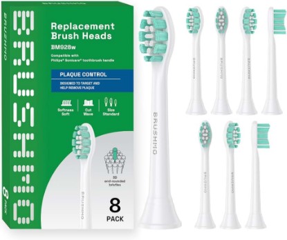 Picture of Brushmo Plaque Control Replacement Toothbrush Heads, Compatible with Philips Sonicare Click-on Electric Toothbrush Handles, 8 Standard Replacement Heads, Soft Dupont Bristles, BM928, White Global Recycled Standard