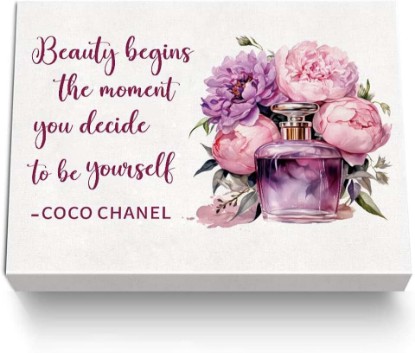 Picture of Coco Chanel Quotes Wall Art Framed,Fashionable Gifts for Woman,Beauty Begins The Moment Perfume Canvas Painting Poster Prints for Girl's Makeup Room Beauty Salon, Read to Hang 12”X15