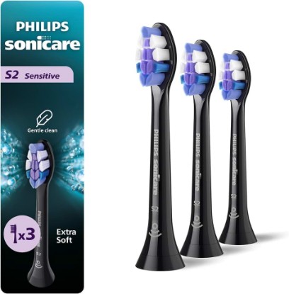 Picture of Philips Sonicare S2 Sensitive Brush Heads, 3-Pack, 9 Month Supply, Black | 1000% More Plaque Removal¹, BrushSync Reminder, Up To 62,000 Bristle Movements Per Min, HX6053/95