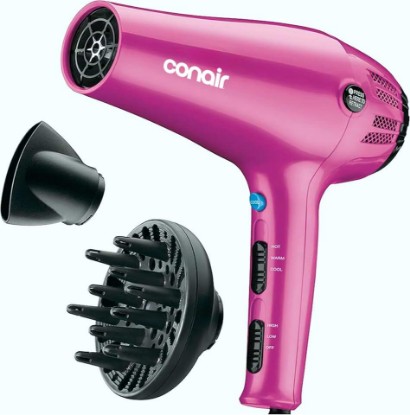 Picture of Conair Hair Dryer with Diffuser and Concentrator, 1875W, Pink | Blow dryer with ionic tourmaline technology, 3 heat settings, and 2 speed options to efficiently style all hair types