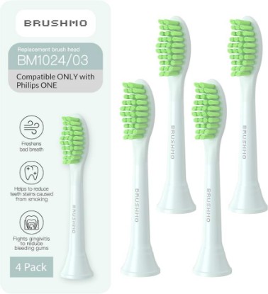 Picture of Brushmo Replacement Toothbrush Heads, Compatible with Philips One for Sonicare Electric Toothbrush Handles HY1022, 4 Standard Heads with Tongue Cleaner, Soft Dupont Bristles, BM124m, Mint Light Blue Global Recycled Standard