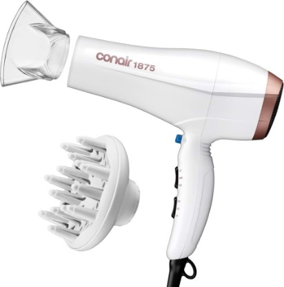 Picture of Conair Double Ceramic Hair Dryer with Diffuser & Concentrator, 1875W | Ionic blow dryer with concentrator and diffuser hair dryer attachments made to smooth frizz and enhance curl definition