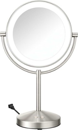 Picture of Conair LED Vanity Mirror, Double-Sided, 10x Maginification, Satin Nickel | Lighted makeup mirror with 3 color modes, 360° rotation, a satin nickel finish, a 5-foot power cord, and an 8.5" mirror