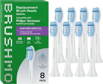 Picture of Brushmo Gum Care Sensitive Replacement Toothbrush Heads, Compatible with Philips Sonicare Click-on Toothbrush Handles, 8 Standard Heads, Extra Soft Dupont Bristles for Sensitive Teeth, BM658, White Global Recycled Standard