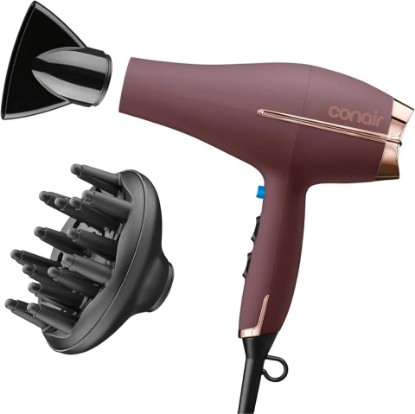 Picture of Conair Hair Dryer with Diffuser & Concentrator, 1875W AC Motor, Plum | Fast-drying blow dryer for all hair types, includes custom heat and speed controls, a 2-lb. design, and a 6-foot cord