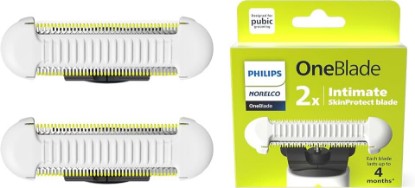Picture of Philips Norelco OneBlade Skin Protect Replacement Blades, 2 Count | Genuine SkinProtect Blades, Designed for Intimate Pubic Grooming, Stainless Steel, Blades Last Up to 8 Months, QP229/80 GreenCircle Certified: Certified Environmental Facts Label