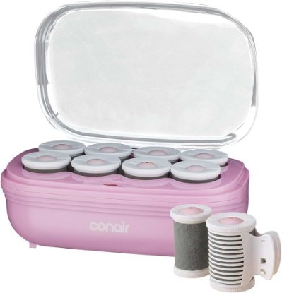 Picture of Conair Jumbo Hair Rollers, Ceramic, 2" Rollers, 8 Count, Pink | Velvet-flocked hot rollers for curls, soft waves, and blowouts, 85-second heat-up, 8 super clips, ready-to-use lights
