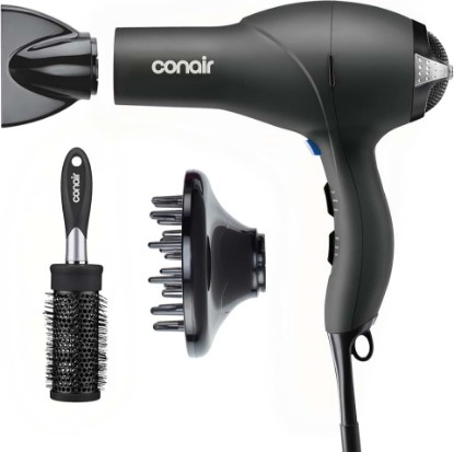 Picture of Conair Hair Dryer with Diffuser, Concentrator & Round Brush, Black | 1875W blow dryer for all hair types, includes 2 attachments and a round brush for added volume and defined texture