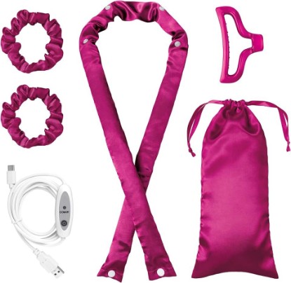 Picture of Conair 2-in-1 Heat & Heatless Hair Curler Set, Includes Satin Curling Ribbon, Claw Clip, 2 Scrunchies, USB Cord, and Satin Pouch, Pink